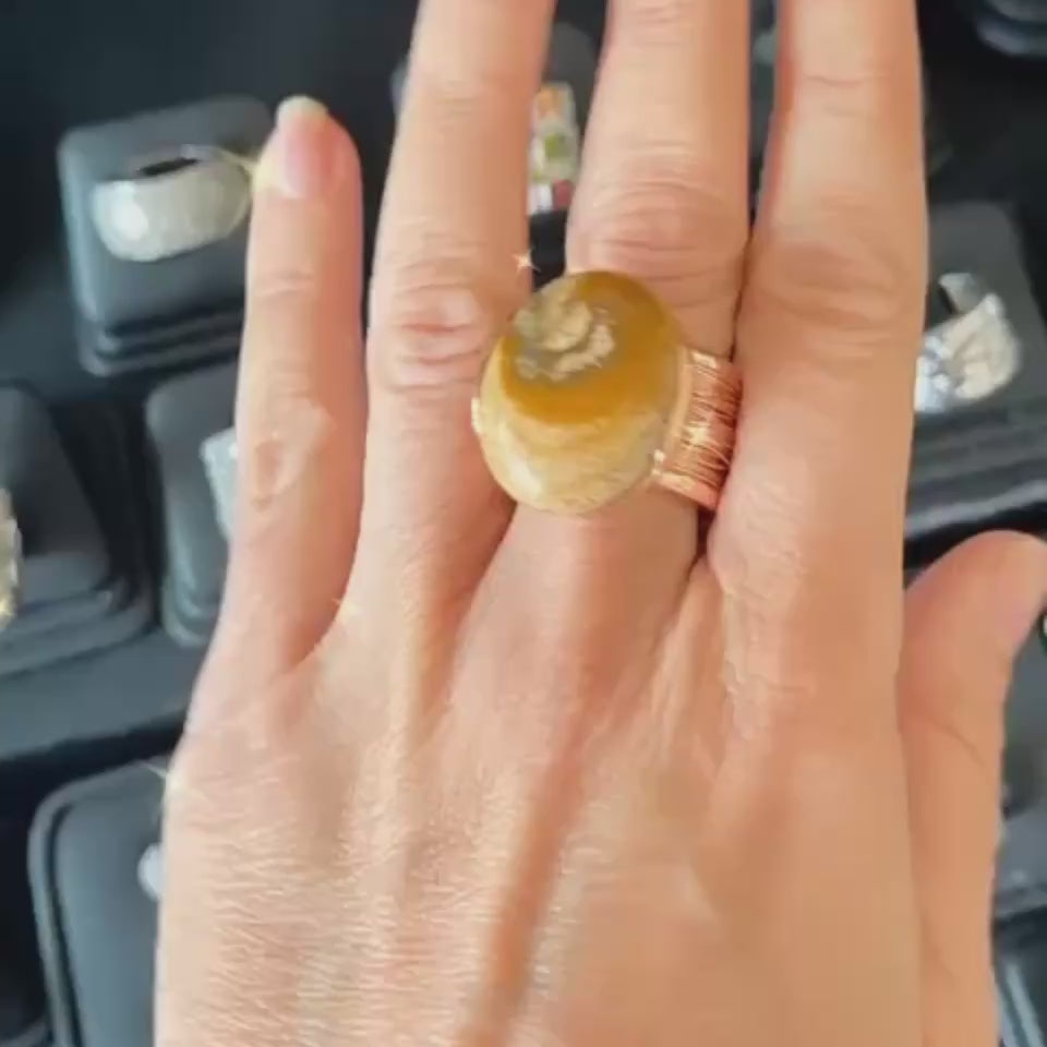 Sahara Ring in 925 Sterling Silver with Rose Gold finish featuring a Polished Natural Desert Stone. Worldwide Shipping. Affordable luxury jewellery by Bellagio & Co.