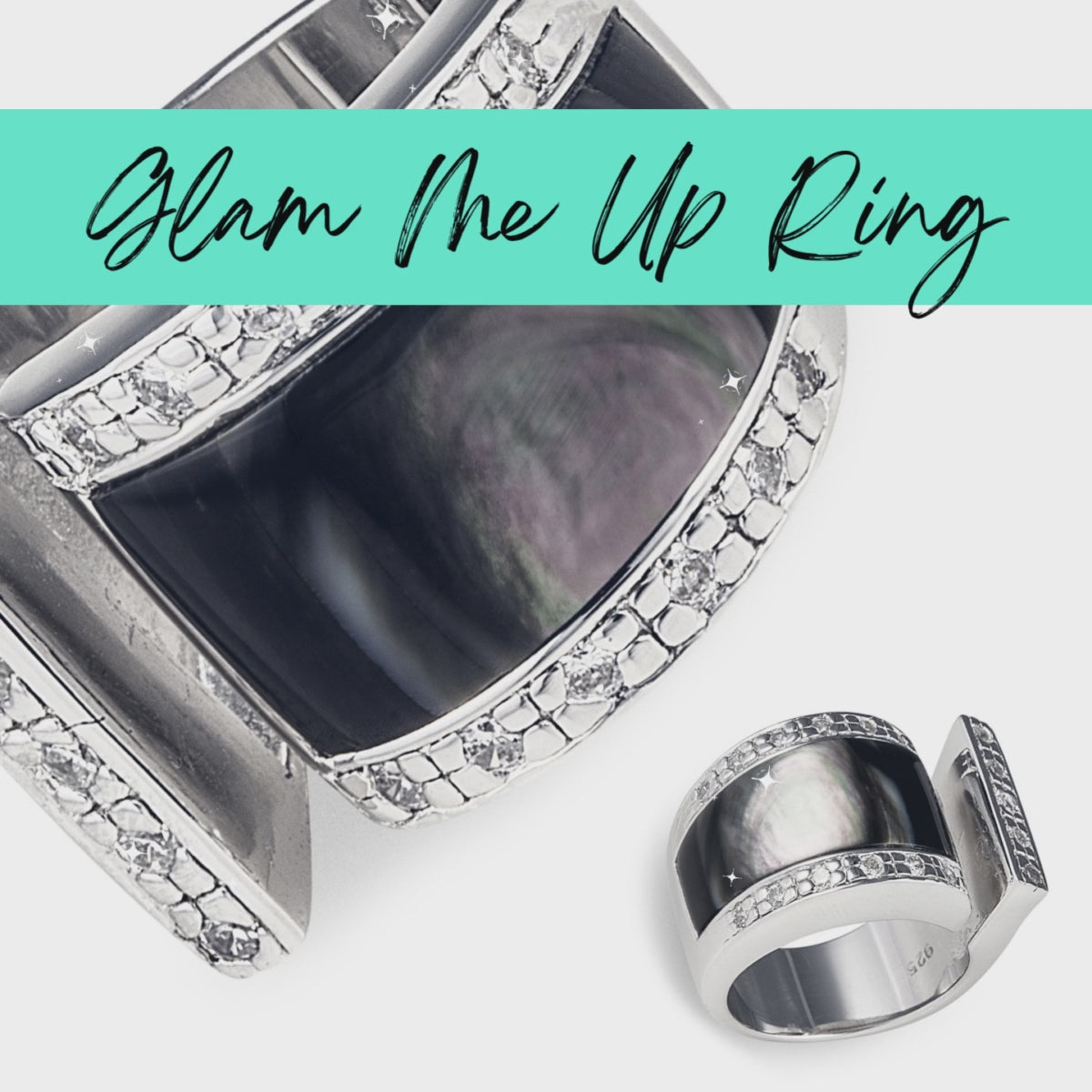 Glam Me Up Ring in 925 Sterling Silver with Mother of Pearl and Cubic Zirconia Stones. Open ring style with asymmetric design. Worldwide shipping + FREE shipping Australia wide.