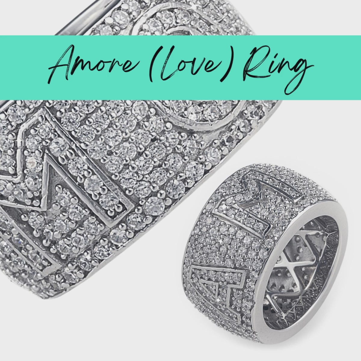 Amore (Love) Ring in 925 sterling silver with cubic zirconia stones in a pavé setting and the word "Amore" (LOVE) scrolled around the ring. Bridal ring, Unisex Ring. Shop rings & affordable luxury jewellery by Bellagio & Co. Worldwide shipping from Australia.