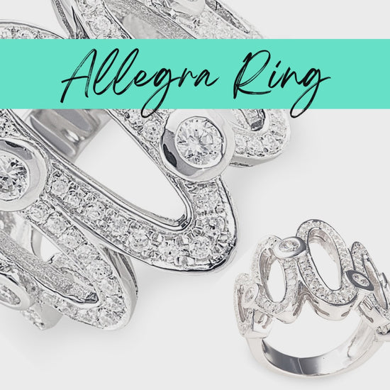 The opulent Allegra Ring in 925 sterling silver features a trail of ovals encrusted with cubic zirconia stones and randomly placed 1-carat cubic zirconia stones. Jewellery by Bellagio & Co. Worldwide Shipping.
