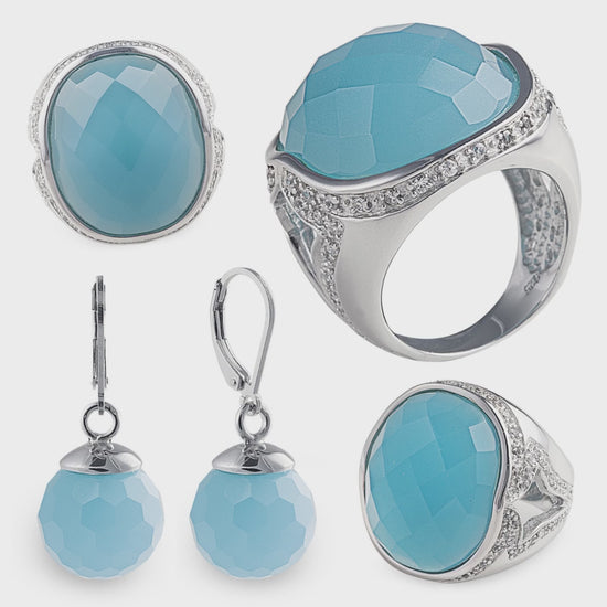 The Sky Blue Lopez Ring with matching earrings in 925 sterling silver with facet cut Milky Blue Obsidian that grabs lots of attention. Worldwide Shipping from Australia. Jewellery by Bellagio & Co.