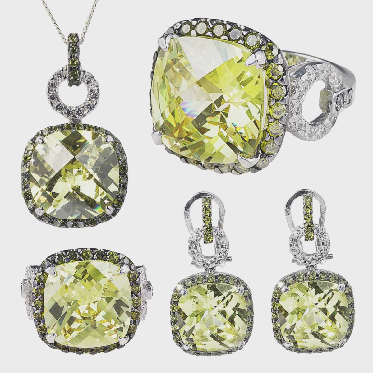 Antique Style 925 Sterling Silver necklace, ring and earring collection featuring a stunning Green Peridot stone surrounded by dainty black Cubic Zirconia Stones. Taylor Vintage Jewellery Collection by Bellagio & Co. Worldwide shipping from Australia.