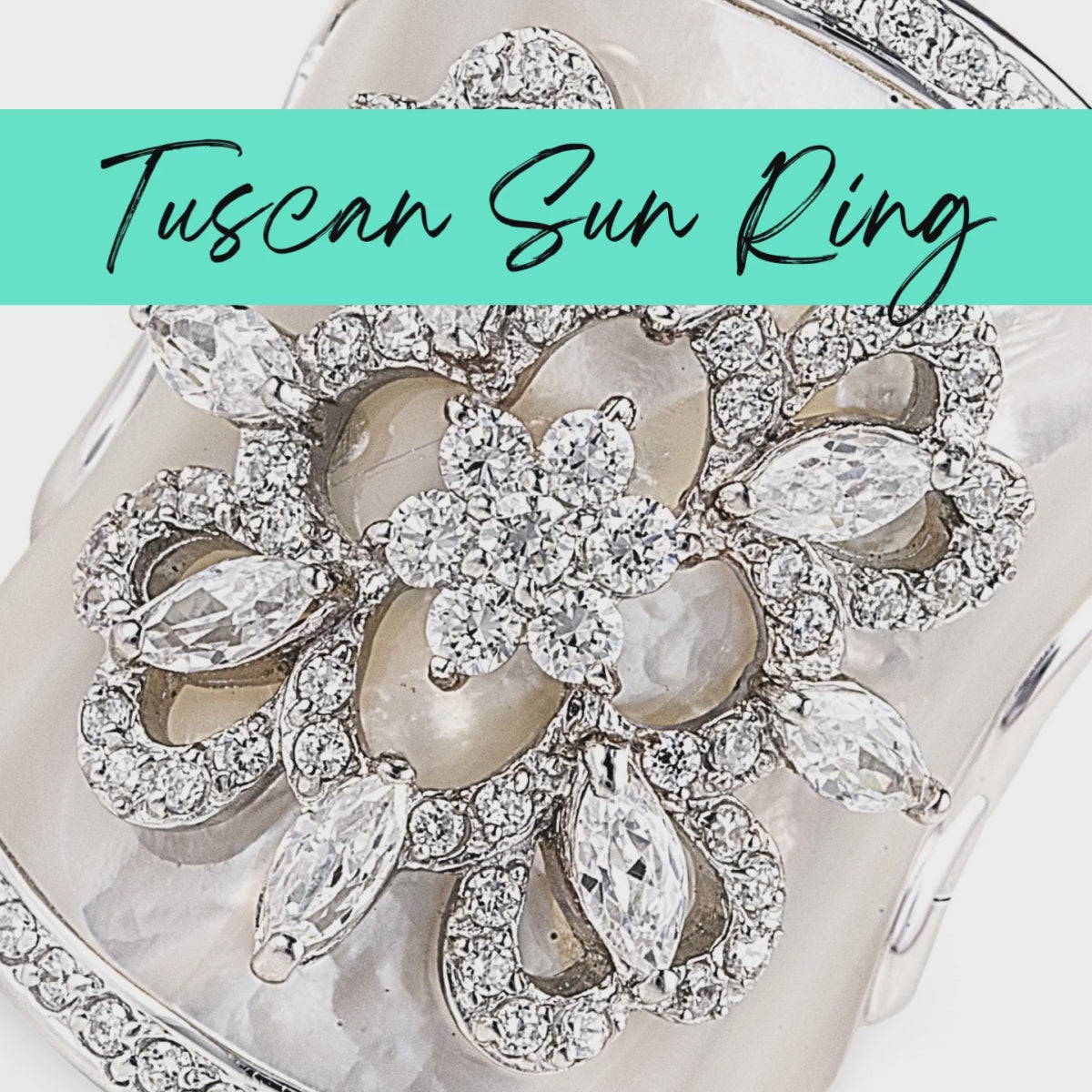 Tuscan Sun Ring in 925 Sterling Silver with polished Mother of Pearl & Cubic Zirconia stones in a sun design. Worldwide shipping with FREE shipping within Australia. Affordable luxury jewellery by Bellagio & Co.