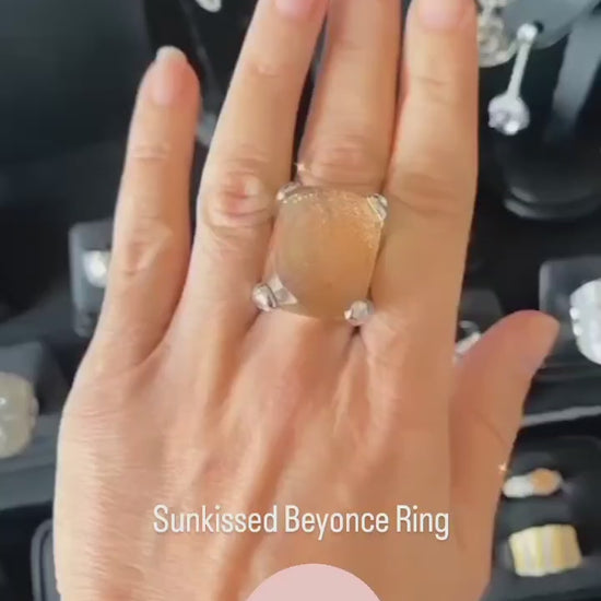Sunkissed Beyonce Ring in 925 sterling silver with facet cut champagne obsidian and cubic zirconia stones. Worldwide shipping. Jewellery by Bellagio & Co.