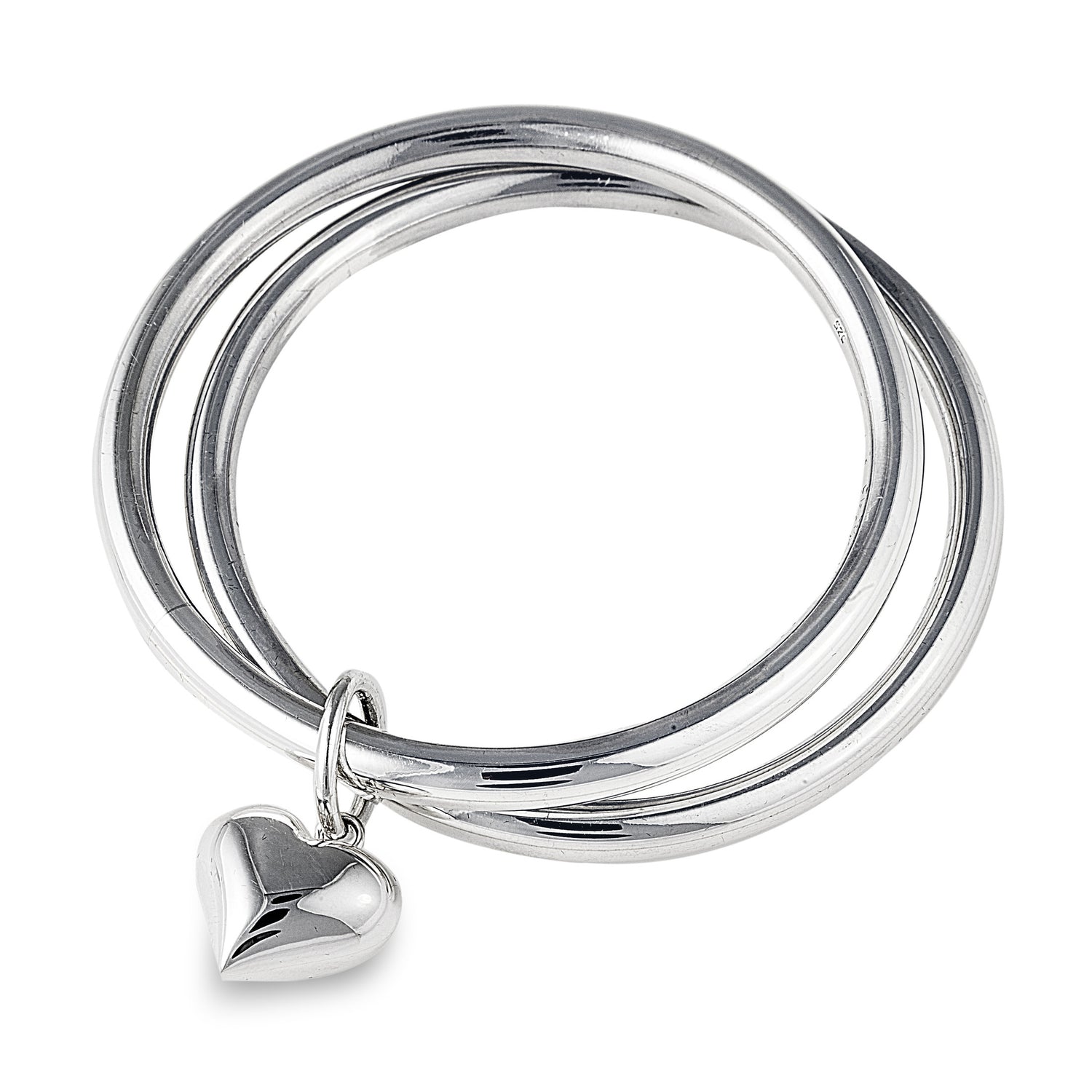 Eden Eclipse Bangle is made up of two single bangles in 925 sterling silver joined together with a band and featuring a heart charm. Small size: Approx 6.6cm in diameter. Large size is also available. Affordable luxury jewellery by Bellagio & Co. Worldwide Shipping plus FREE shipping for orders over $150 in Australia.