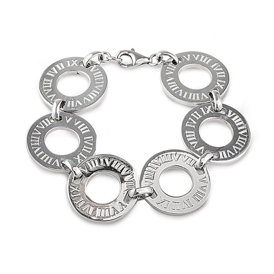 Circa Bracelet in 925 sterling silver features 6 flat rings imprinted with Bellagio & Co signature Roman numerals. Shop affordable luxury jewellery. Worldwide shipping from Australia.