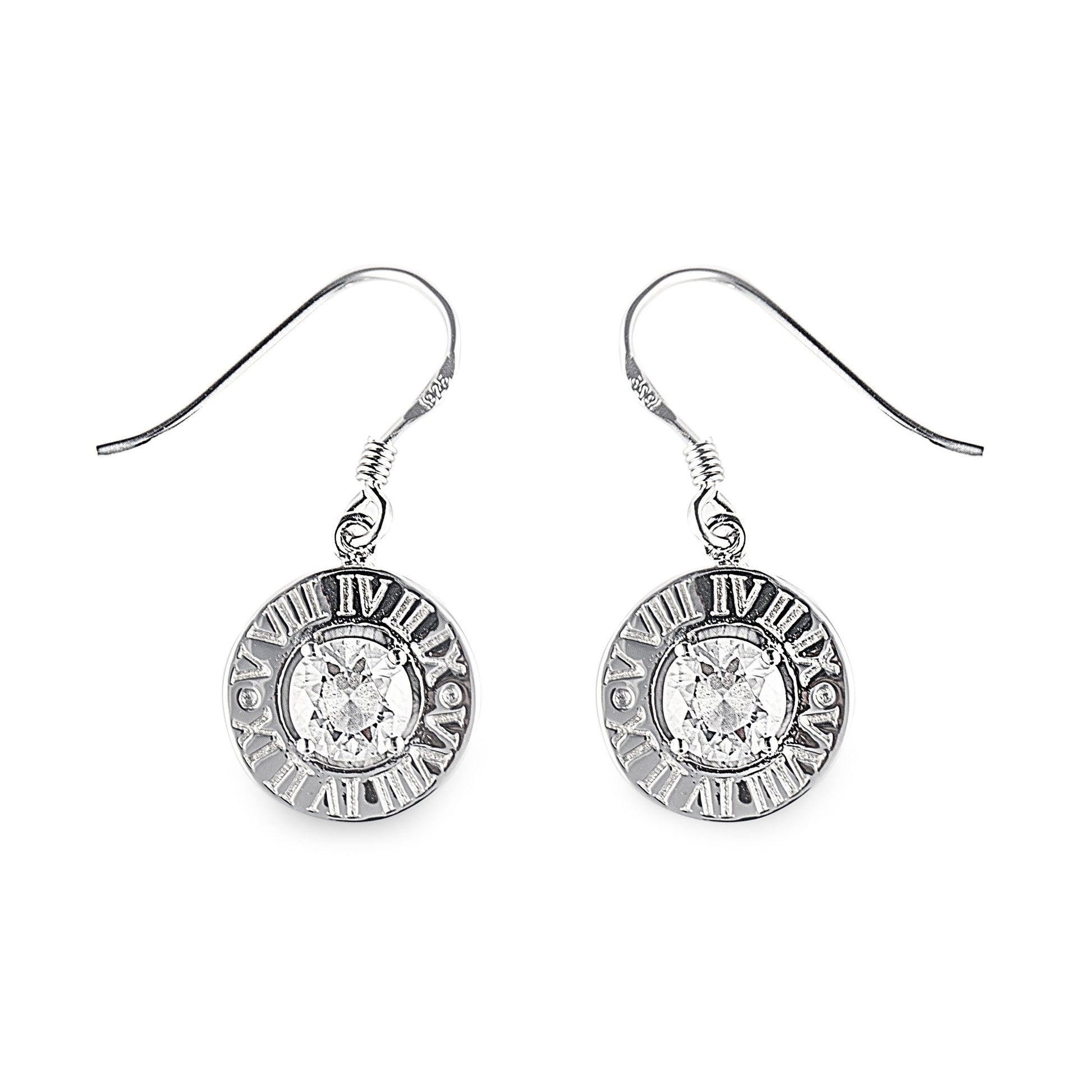 Eden Stone Drop Earrings in 925 sterling silver with stunning 2-carat cubic zirconia stone surrounded by Roman Numerals. Matching rings and necklaces are available. Affordable luxury jewellery by Bellagio & Co. Worldwide shipping from Australia.