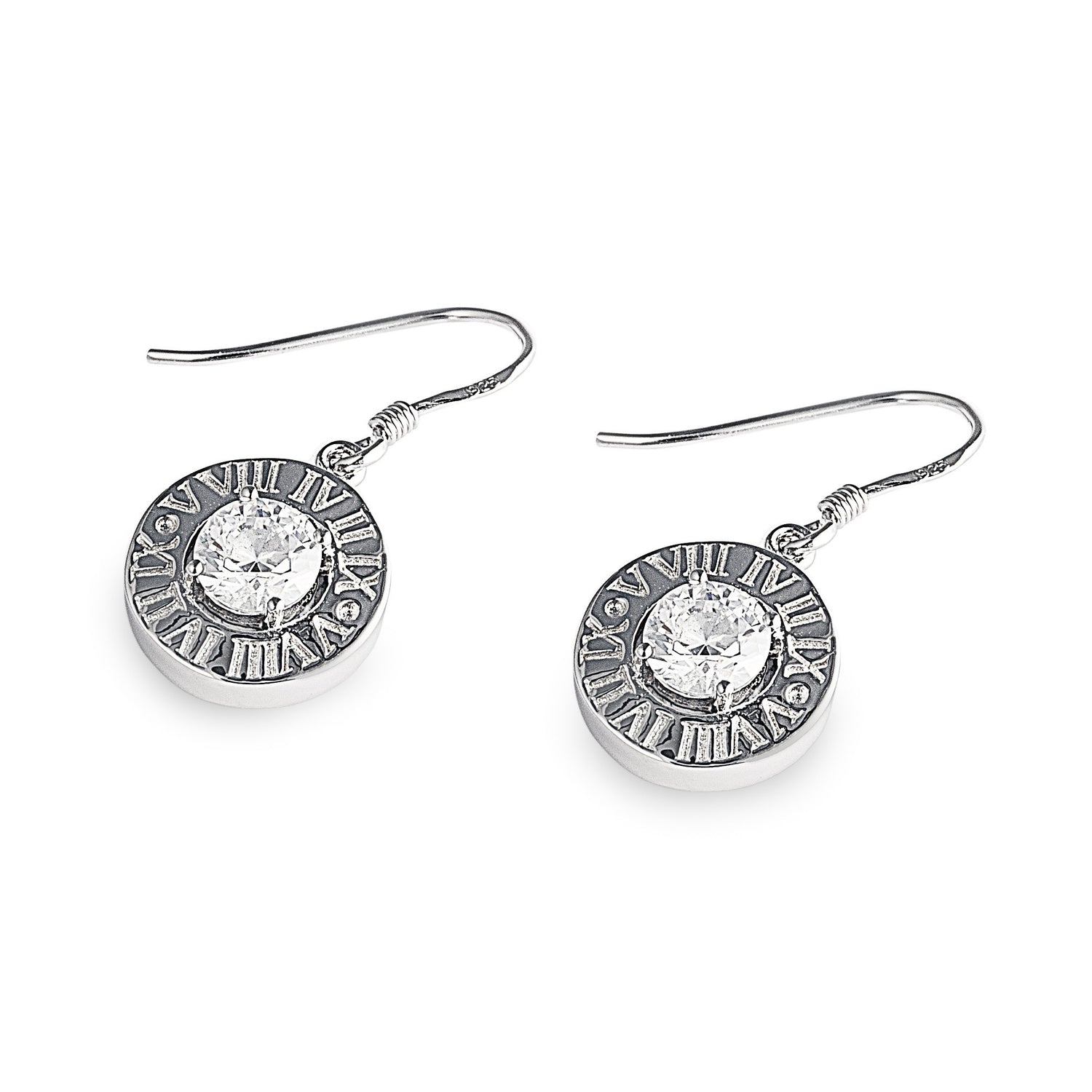 Eden Stone Drop Earrings in 925 sterling silver with stunning 2-carat cubic zirconia stone surrounded by Roman Numerals. Matching rings and necklaces are available. Affordable luxury jewellery by Bellagio & Co. Worldwide shipping plus FREE shipping for orders over $150 in Australia.