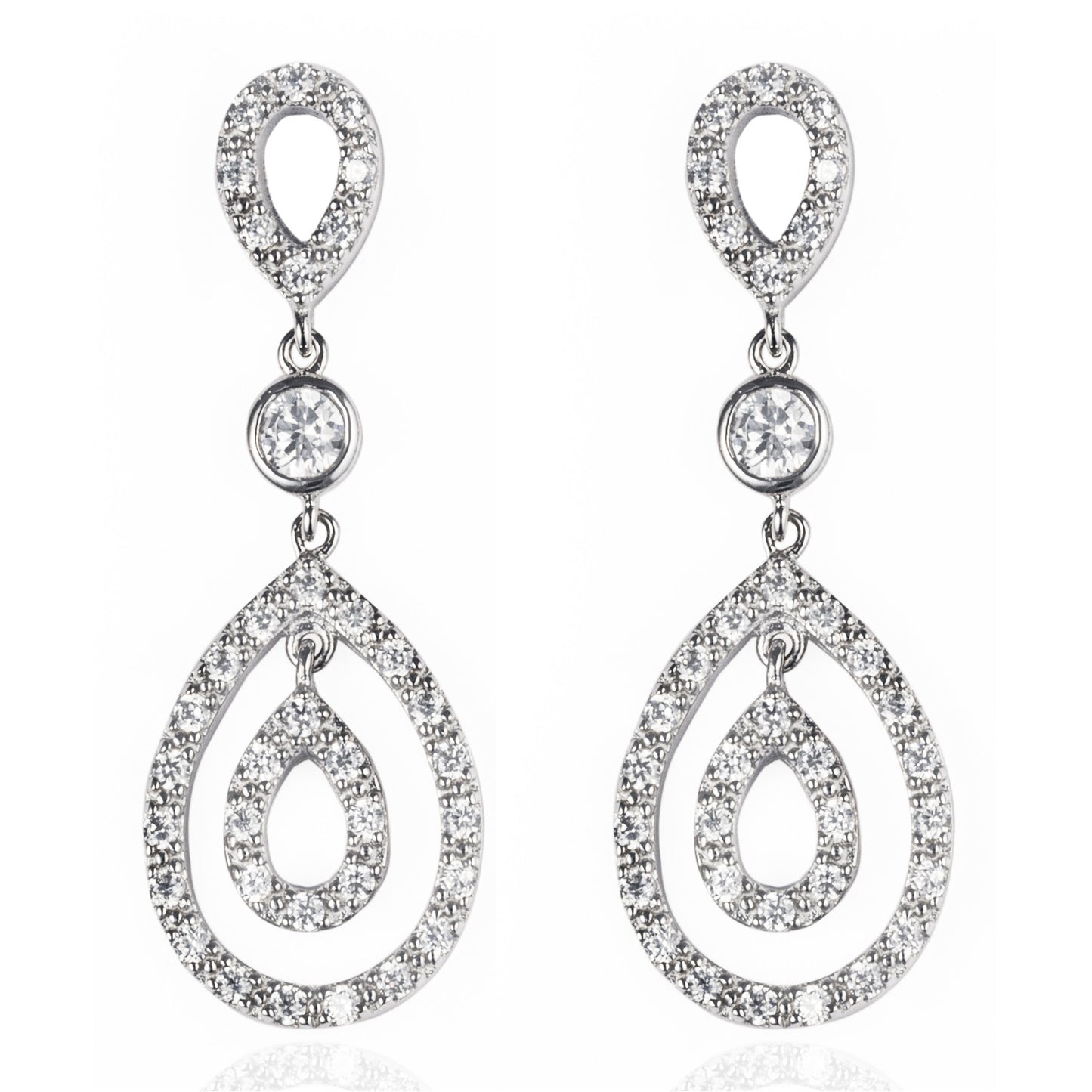 The elegant hanging Audrey Earrings are made of 925 sterling silver and feature many cubic zirconia stones for a glamorous look. Shop luxury jewellery online by Bellagio & Co. Worldwide shipping.
