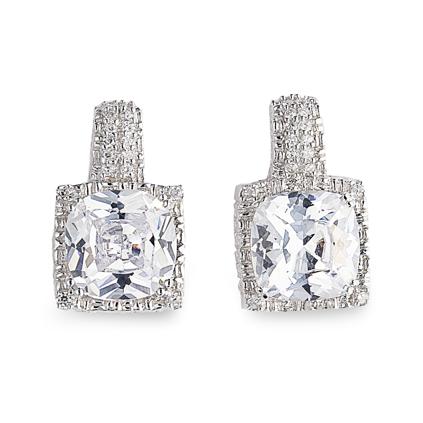 Parisian-inspired Regina Drop Earrings are made of 925 sterling silver and feature a showy 'princess cut' cubic zirconia stone surrounded by a woven silver design. Jewellery by Bellagio & Co. Worldwide shipping.