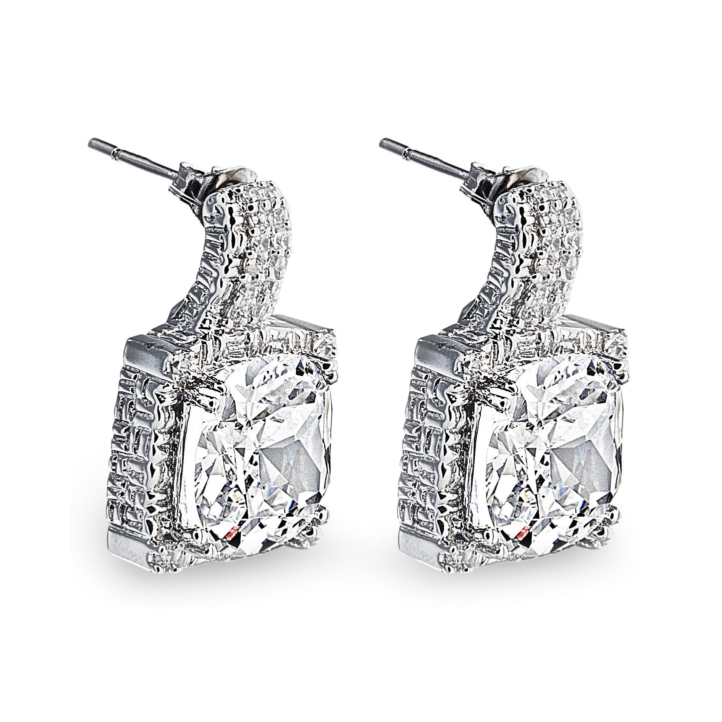 Parisian-inspired Regina Drop Earrings are made of 925 sterling silver and feature a showy 'princess cut' cubic zirconia stone surrounded by a woven silver design. Jewellery by Bellagio & Co. Worldwide shipping.