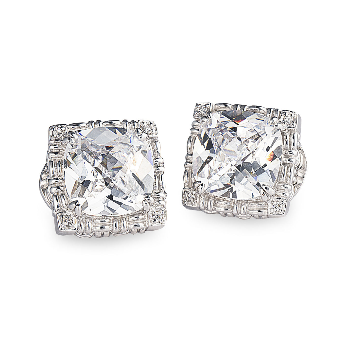 Parisian-inspired Regina Stud Earrings in 925 sterling silver with a large 'princess cut' cubic zirconia stone. Jewellery by Bellagio & Co. Worldwide shipping.