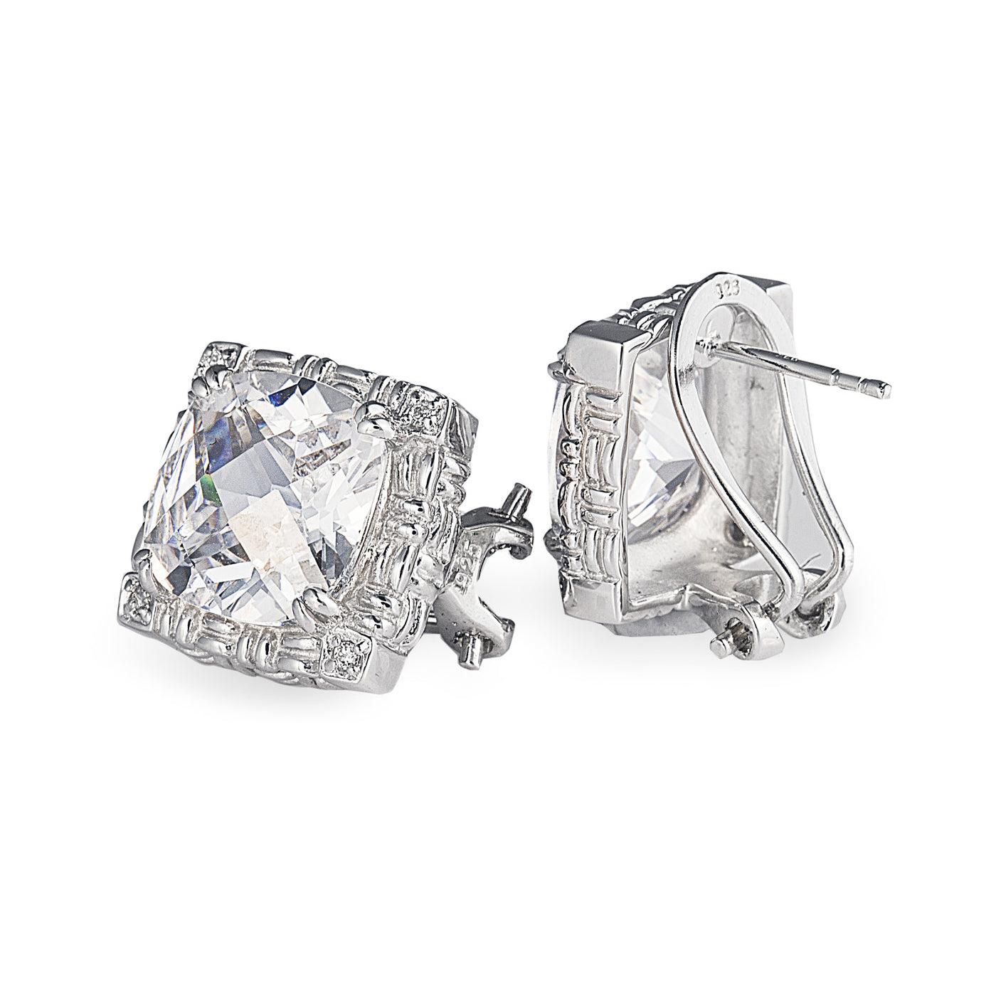Parisian-inspired Regina Stud Earrings in 925 sterling silver with a large 'princess cut' cubic zirconia stone. Jewellery by Bellagio & Co. Worldwide shipping.