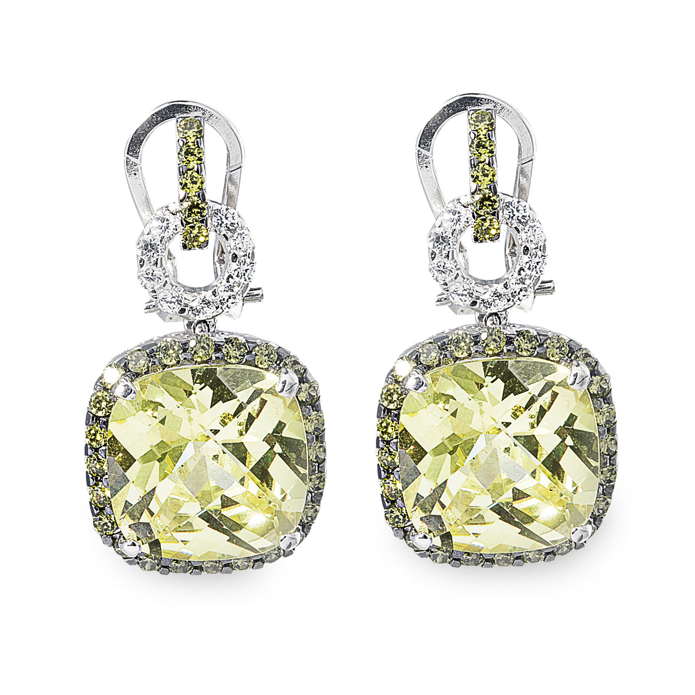 Antique Style 925 Sterling Silver drop earrings featuring a stunning Green Peridot stone surrounded by dainty black Cubic Zirconia Stones. 