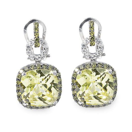 Antique Style 925 Sterling Silver drop earrings featuring a stunning Green Peridot stone surrounded by dainty black Cubic Zirconia Stones. 