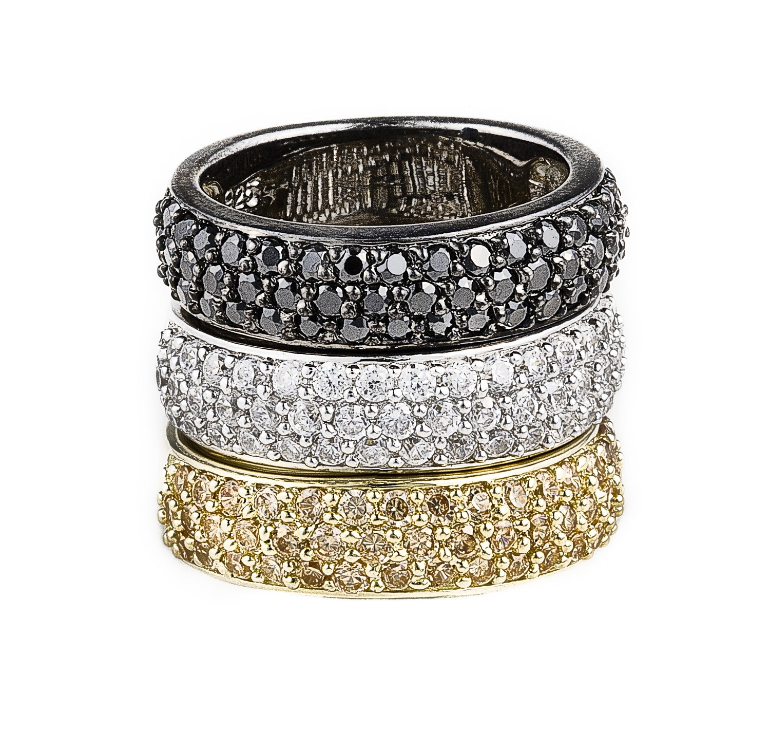 Omega Diva Rings. Set of 3 separate bands in 925 sterling silver, all with a pavé setting featuring clear, black or champagne cubic zirconia stones. Shop rings & affordable luxury jewellery by Bellagio & Co. Worldwide shipping