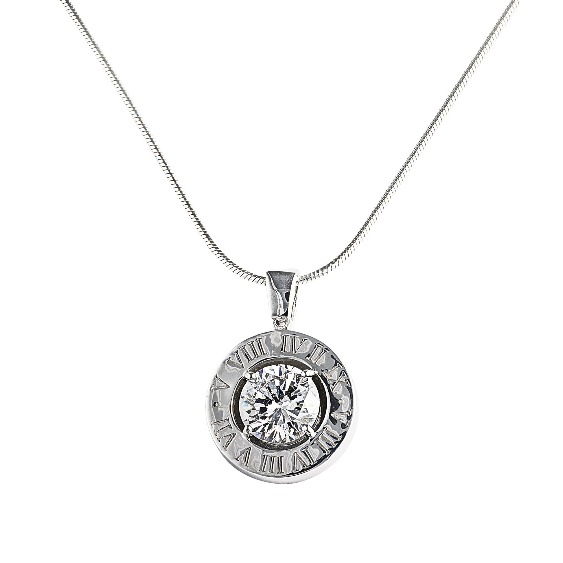 The lovely Eden Stone Necklace in 925 Sterling Silver features a stunning 2-carat cubic zirconia stone surrounded by our signature Roman numerals. Matching rings and earrings are available. Affordable luxury jewellery by Bellagio & Co. Worldwide shipping plus FREE shipping for orders over $150 in Australia.