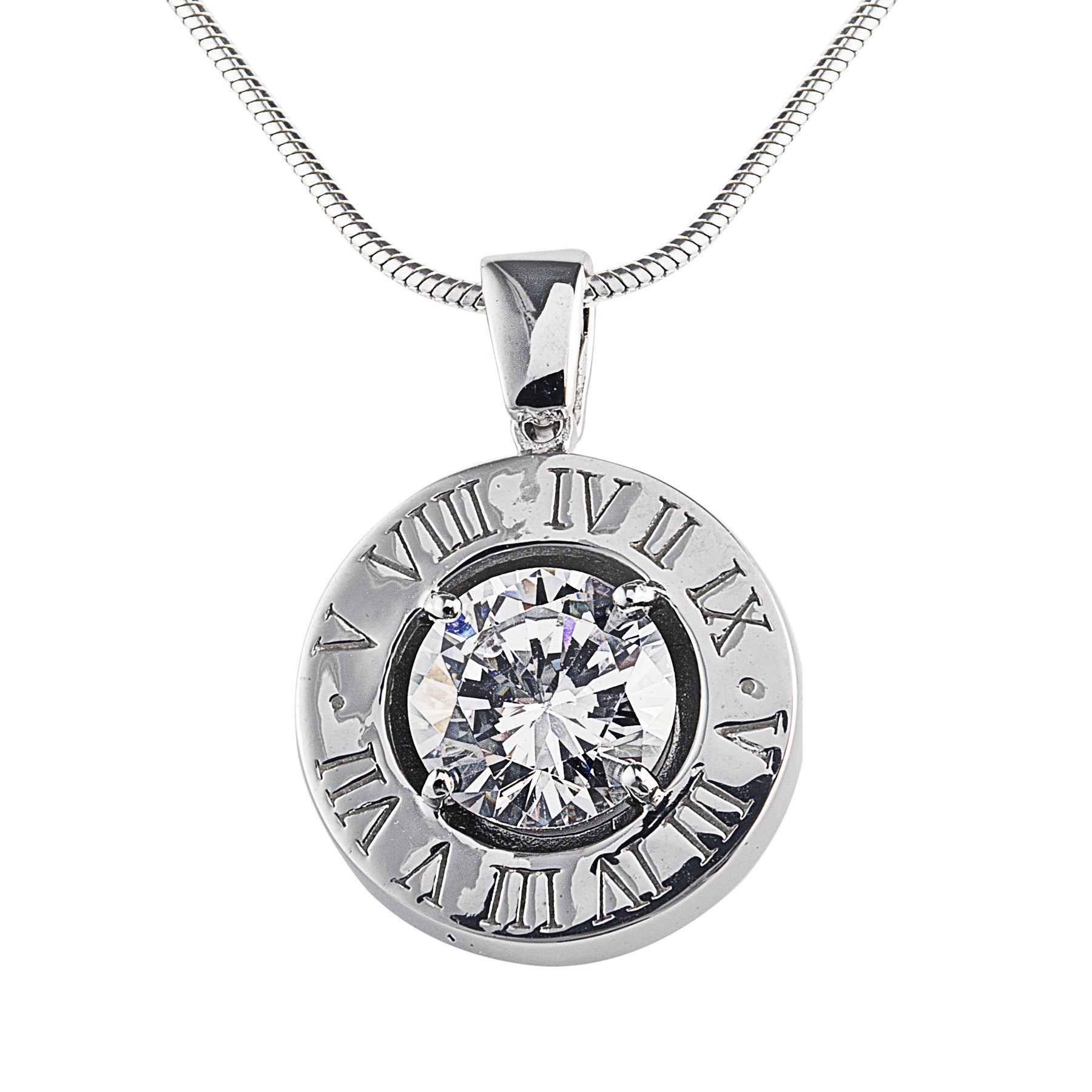The lovely Eden Stone Necklace in 925 Sterling Silver features a stunning 2-carat cubic zirconia stone surrounded by our signature Roman numerals. Matching rings and earrings are available. Affordable luxury jewellery by Bellagio & Co. Worldwide shipping plus FREE shipping for orders over $150 in Australia.