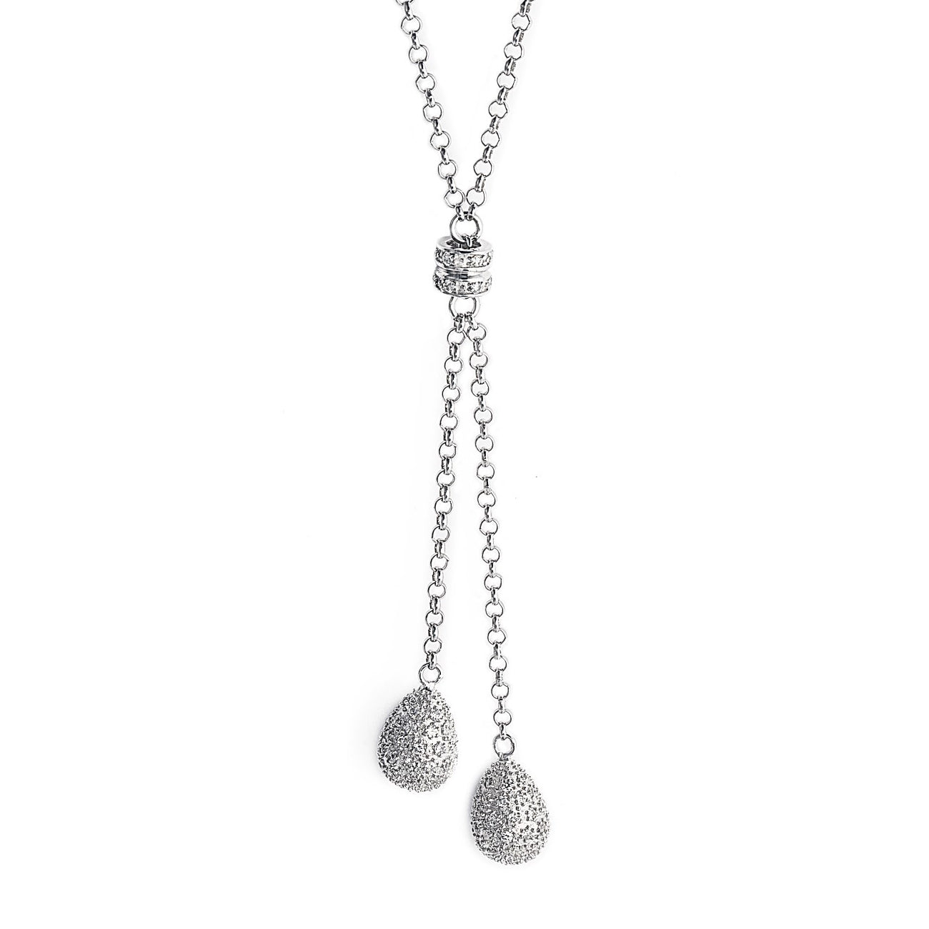 The stunning long Diva Teardrop Necklace in 925 sterling silver features two teardrops encrusted with clear cubic zirconia stones for a wow factor. Shop Bellagio & Co Jewellery Online. Worldwide shipping.