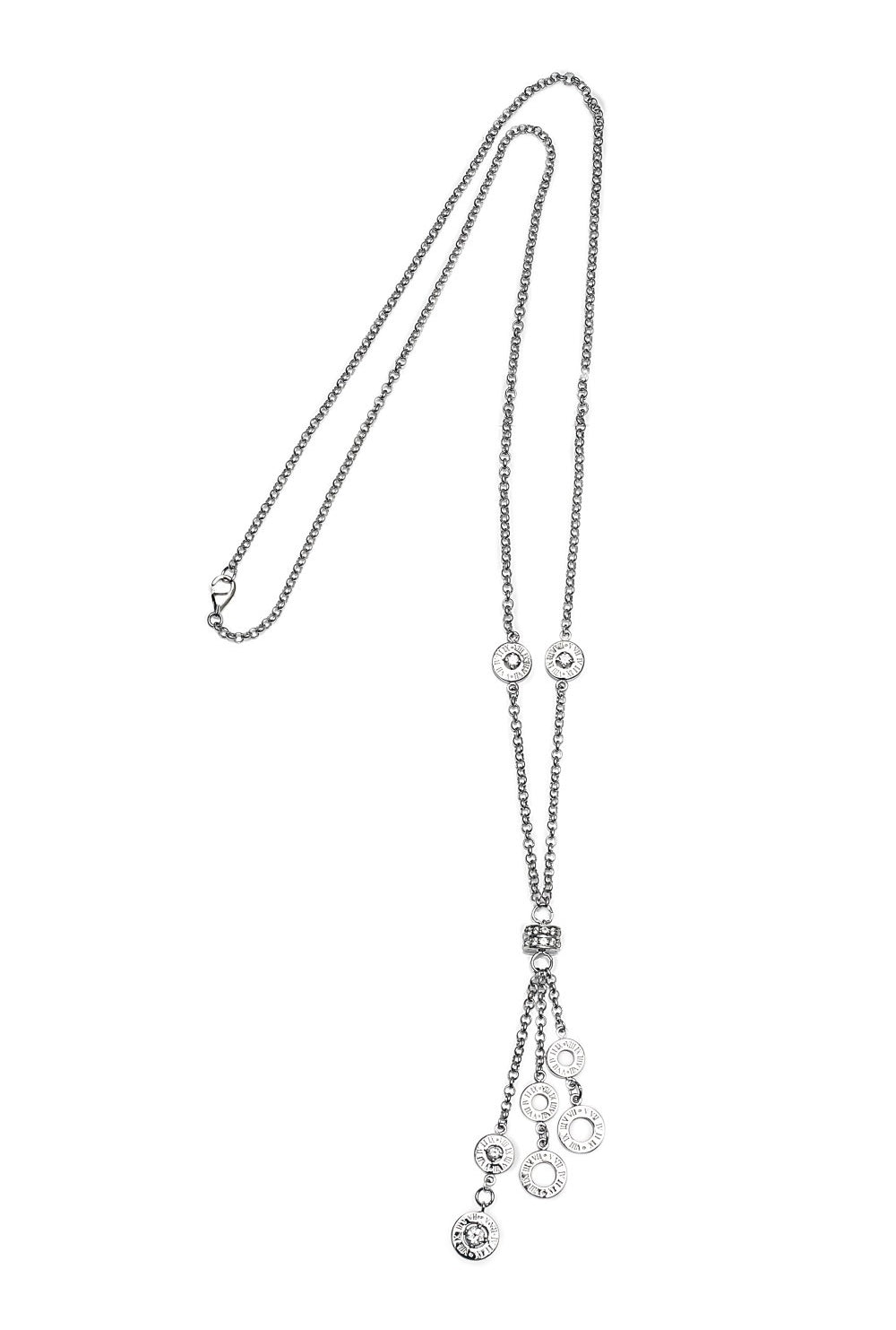 Eden Stone Grace Long Necklace in 925 sterling silver featuring strands that hold several circles embedded with cubic zirconia stones and Roman Numerals. Matching rings and earrings are available. Affordable luxury jewellery by Bellagio & Co. Worldwide shipping plus FREE shipping for orders over $150 in Australia.