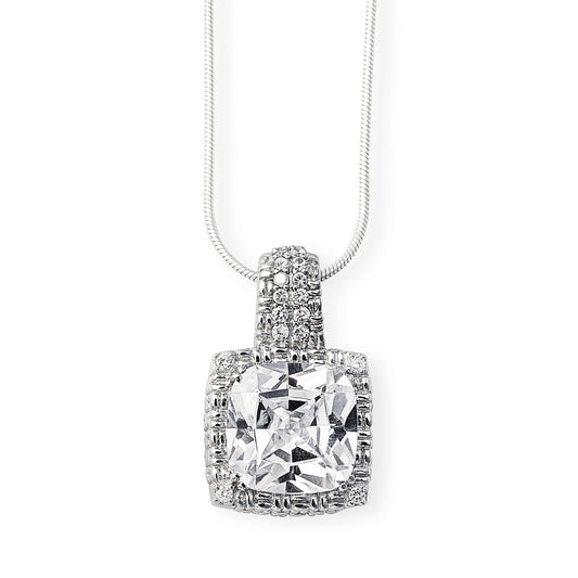 Parisian-inspired Regina Necklace in 925 sterling silver with a large princess cut centre cubic zirconia stone surrounded by a woven silver design and small cubic zirconia stones. Worldwide shipping.