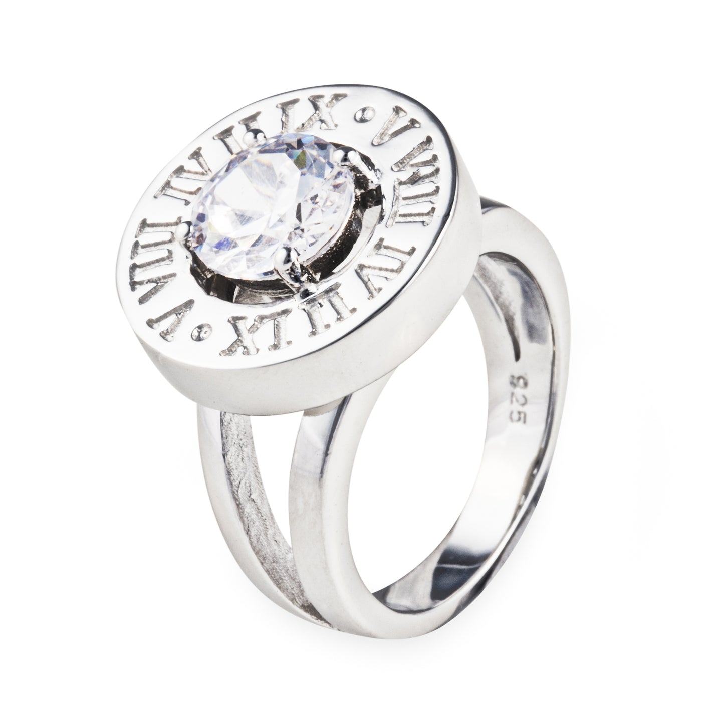 Eden Stone Ring in 925 sterling silver with 2-carat cubic zirconia stone surrounded by Roman numerals. Jewellery by Bellagio & Co. Worldwide shipping