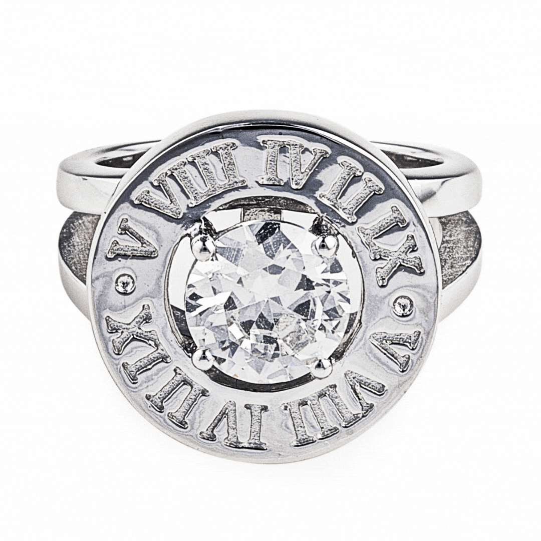 Eden Stone Ring in 925 sterling silver, 2-carat cubic zirconia stone and roman numerals. Worldwide shipping from Australia. Shop luxury jewellery online at Bellagio & Co.