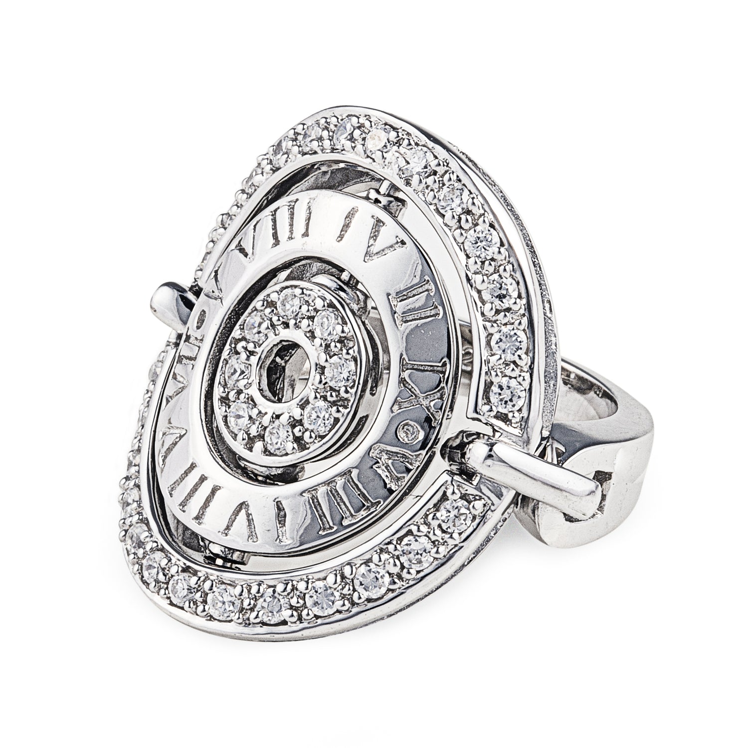 The Juicy Ring is eye-catching, edgy & modern. Made of 925 sterling silver with moving parts for comfort. Encrusted with cubic zirconia stones and Roman Numerals. Jewellery by Bellagio & Co. Worldwide shipping.