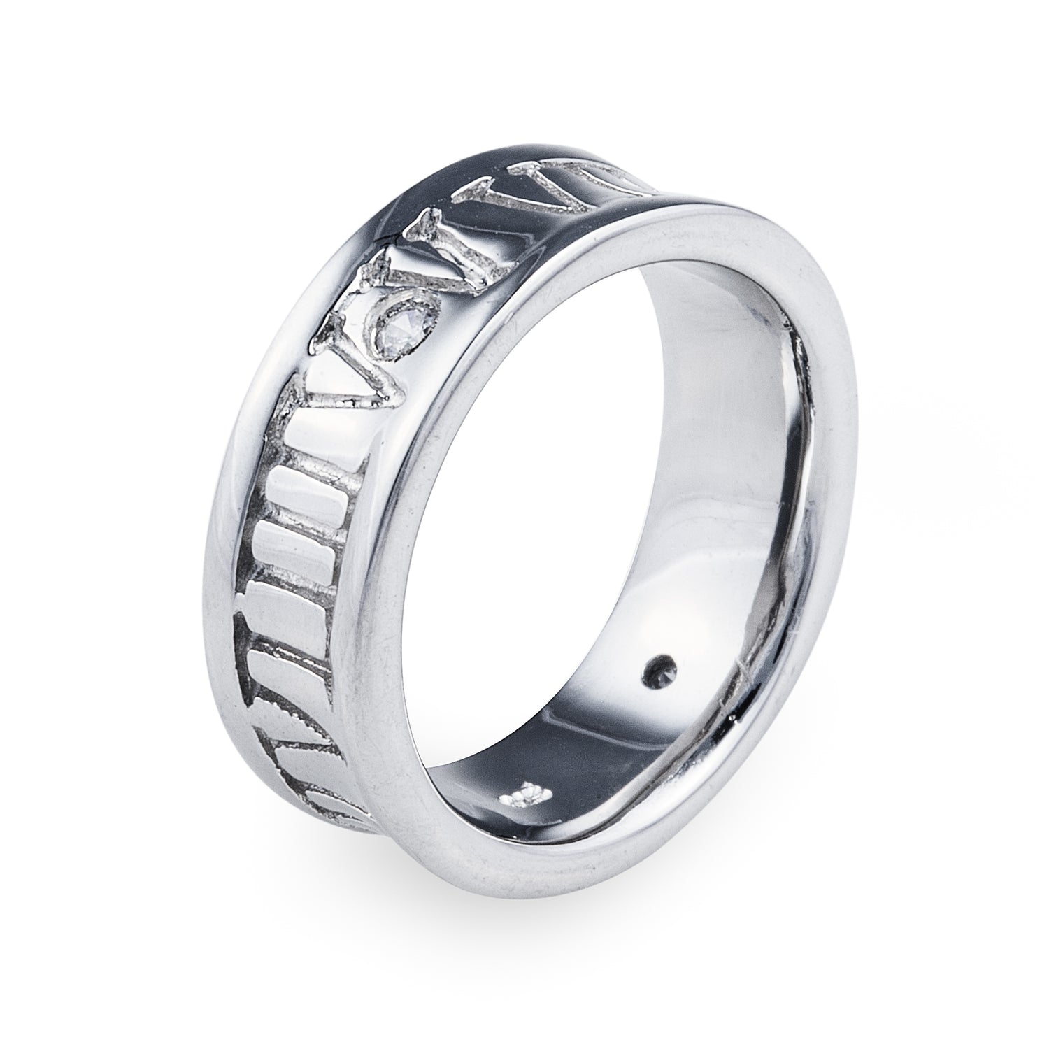 Ceasar Band Ring in 925 sterling silver with a single Cubic Zirconia stone surrounded by Roman numerals. This ring is perfect for comfortable everyday wear. Jewellery by Bellagio & Co. Worldwide Shipping.