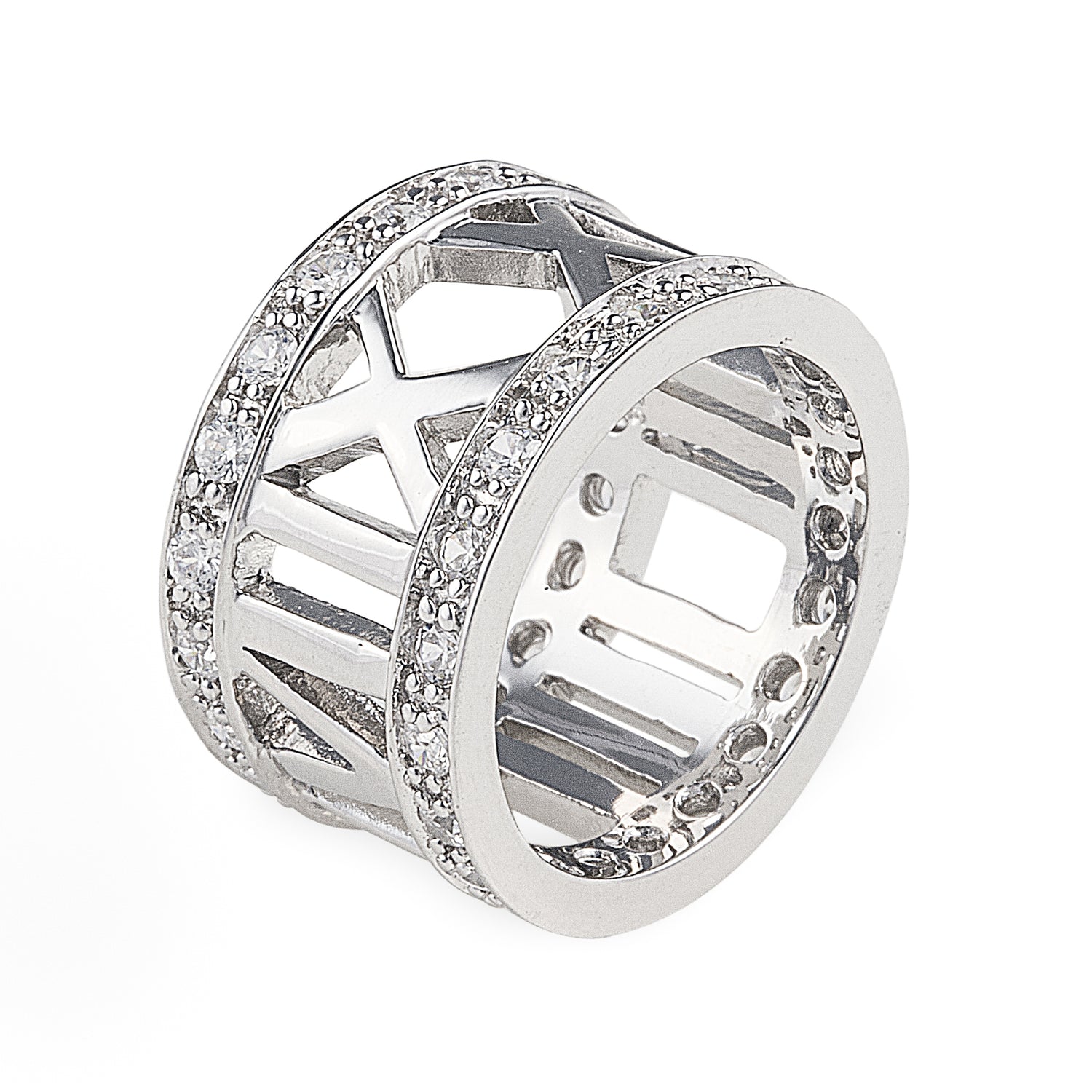 Artistically designed Atlas Ring, made of 925 sterling silver which wraps Roman numerals around the finger with a stunning row of cubic zirconia stones. Jewellery by Bellagio & Co. Worldwide shipping.