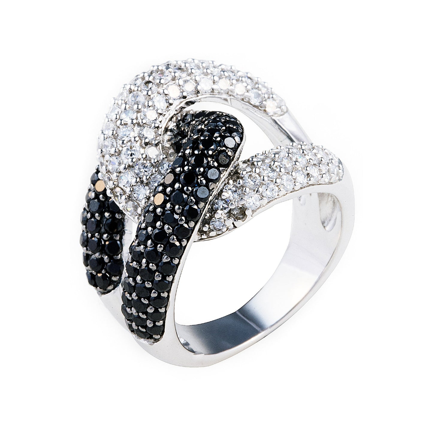 White Night Coco Ring is made of 925 sterling silver and features midnight black cubic zirconia stones entwined with clear/white cubic zirconia stones. Luxury jewellery by Bellagio & Co. Worldwide shipping