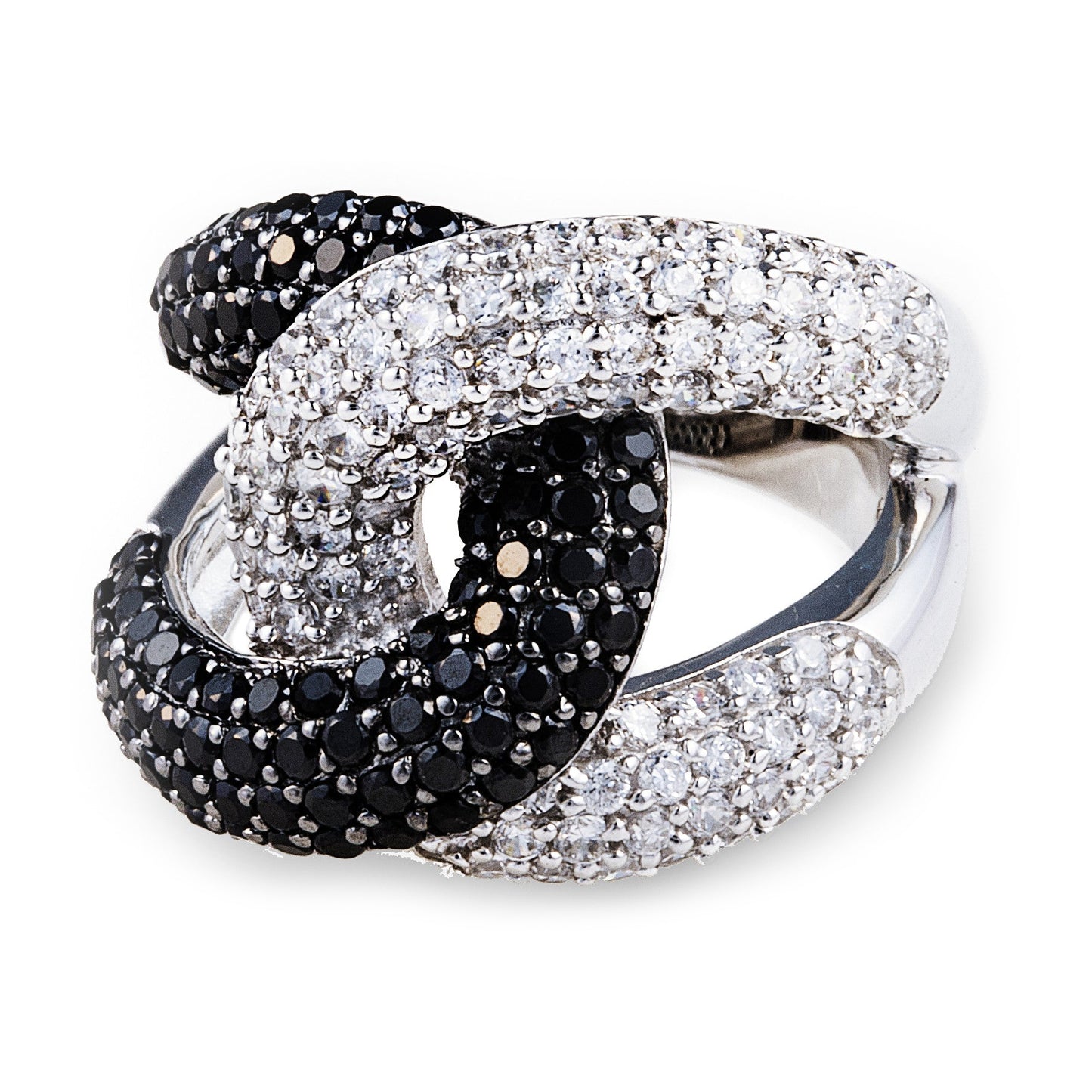 White Night Coco Ring in 925 sterling silver with black cubic zirconia stones entwined with clear/white cubic zirconia stones. Affordable luxury jewellery by Bellagio & Co. Worldwide shipping
