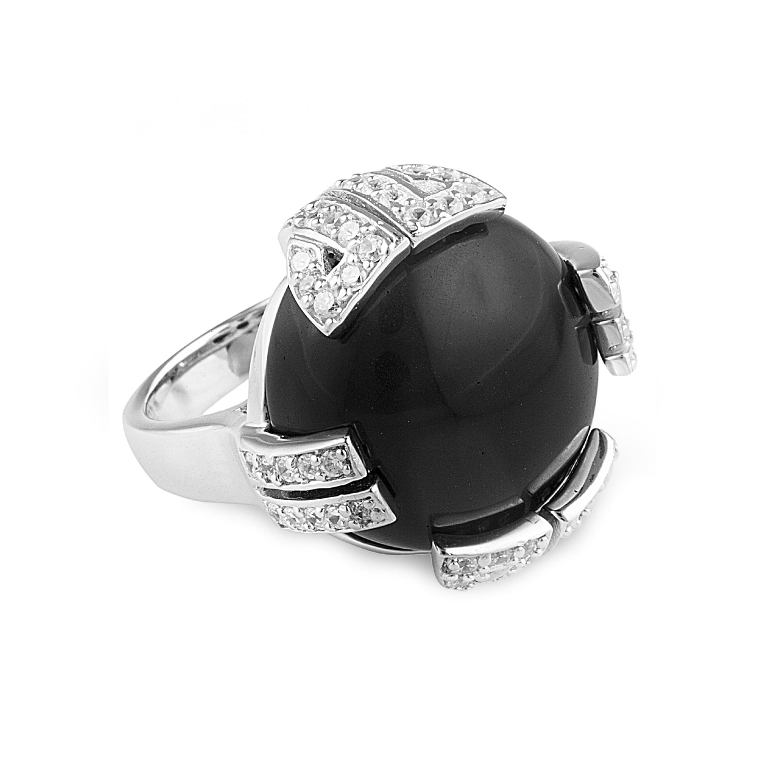 Onyx Secret Ring in 925 sterling silver with a polished black onyx stone held in place with geometric claws encrusted with cubic zirconia stones. Shop rings & affordable luxury jewellery by Bellagio & Co. Worldwide shipping