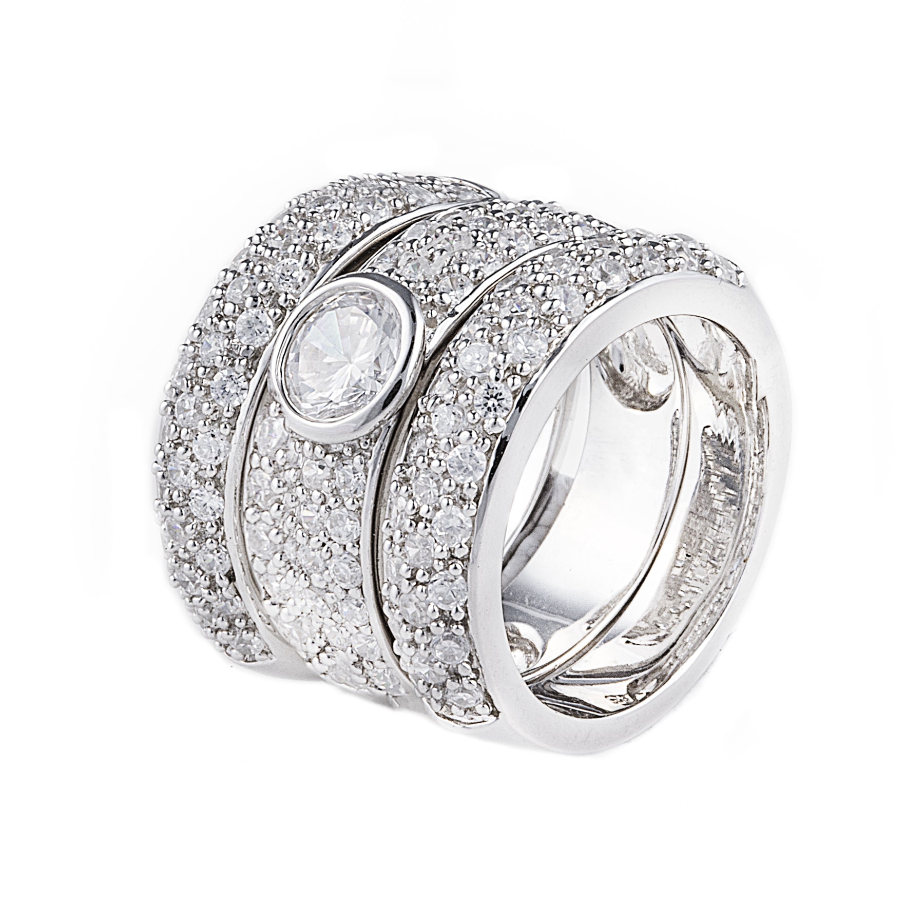 Angelica Ring has 3 separate bands in 925 sterling silver. Pavé setting with cubic zirconia stones. The centre ring has a large cubic zirconia stone. Shop rings & affordable luxury jewellery by Bellagio & Co. Worldwide shipping