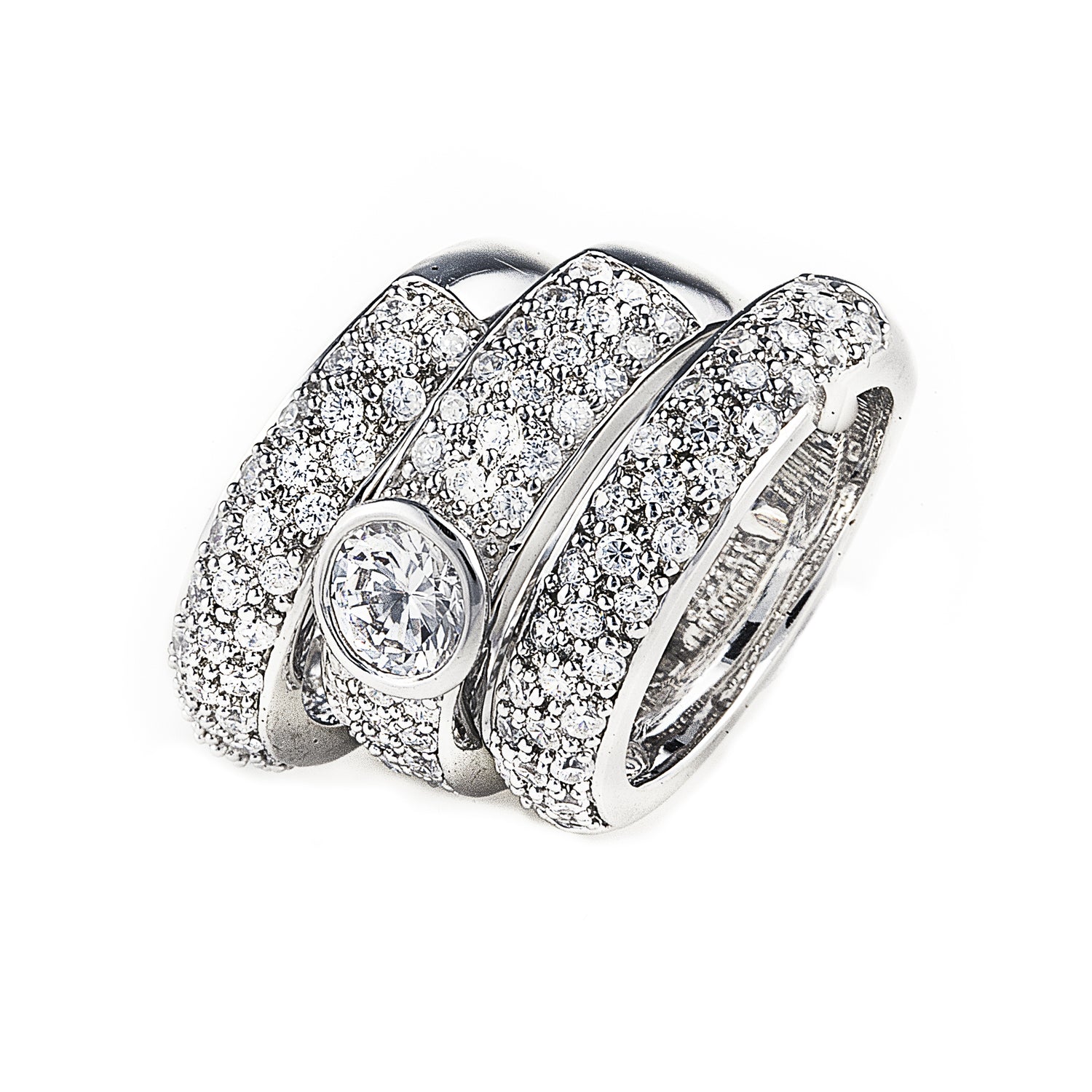 Angelica Ring has 3 separate bands in 925 sterling silver. Pavé setting with cubic zirconia stones. The centre ring has a large cubic zirconia stone. Shop rings & affordable luxury jewellery by Bellagio & Co. Worldwide shipping