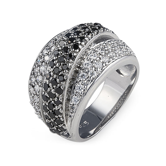 Russian Midnight Ring in 925 sterling silver, featuring faux Russian trio fixed band encrusted with clear and black cubic zirconia stones. Made for glam queens. Shop rings & affordable luxury jewellery by Bellagio & Co. Worldwide shipping