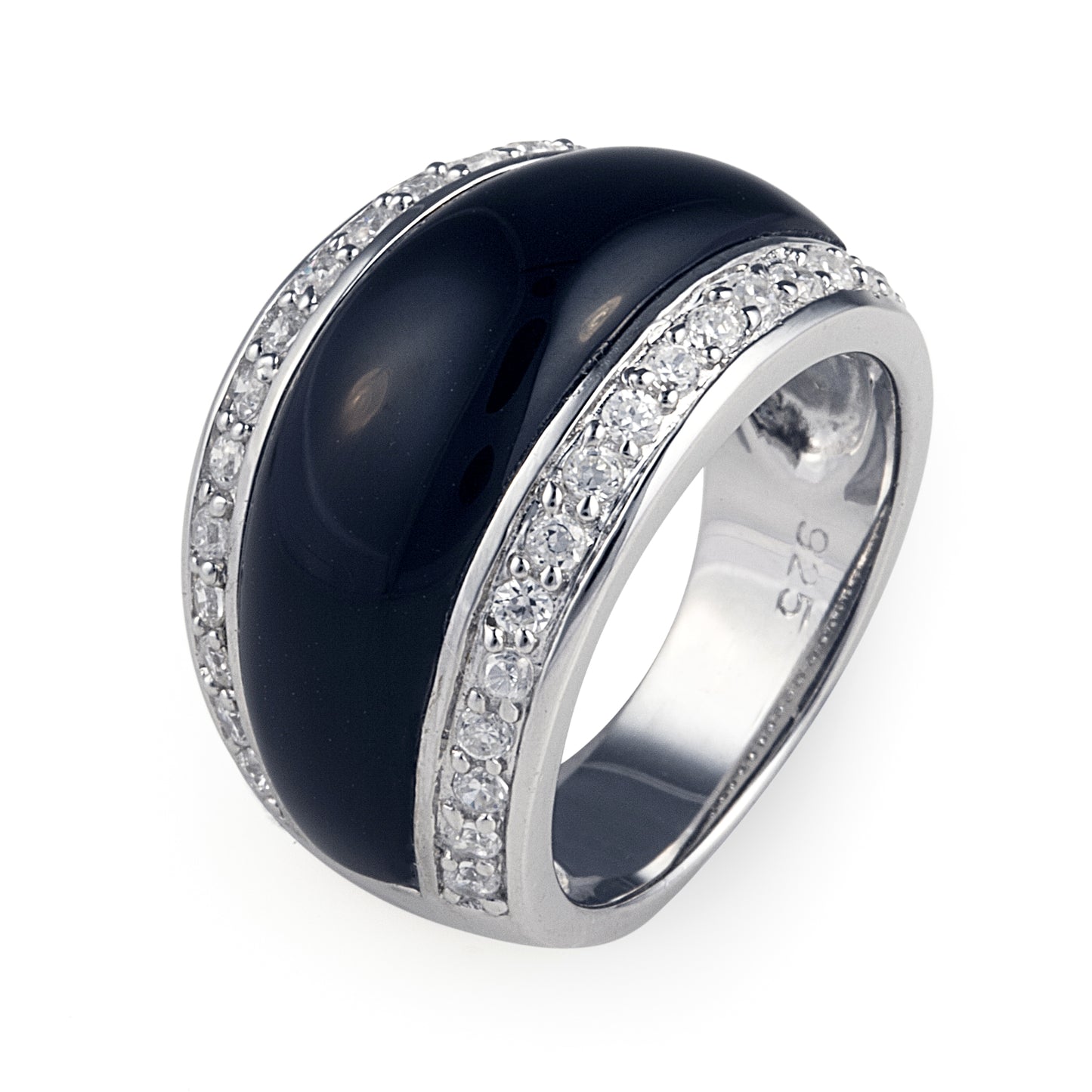 The Onyx Eye Ring is a lovely 925 sterling silver ring featuring a tapered polished black onyx surrounded by cubic zirconia stones.  Shop rings and luxury jewellery at affordable prices by Bellagio & Co. Designed in Australia. Worldwide Shipping.