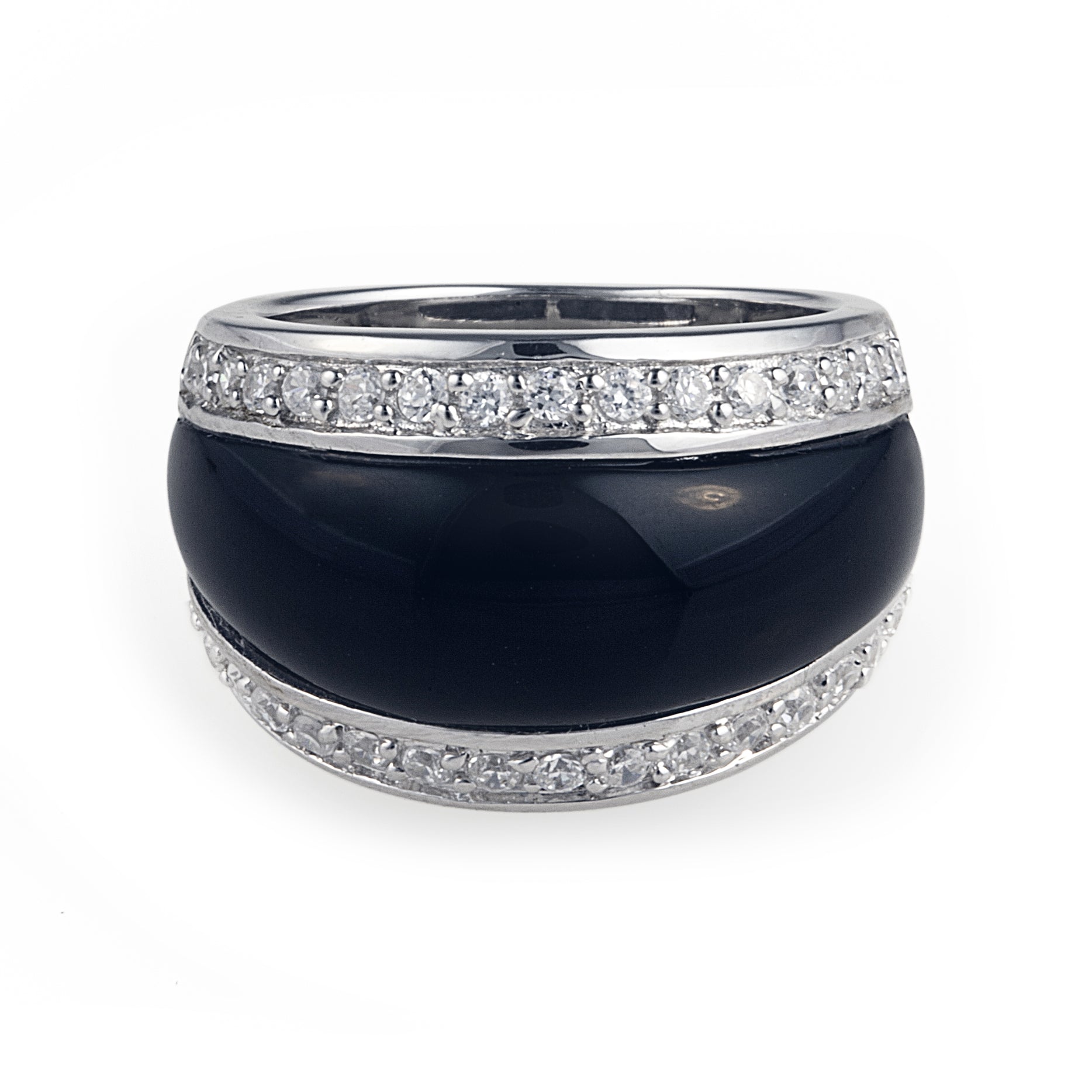 The Onyx Eye Ring is a lovely 925 sterling silver ring featuring a tapered polished black onyx surrounded by cubic zirconia stones. Shop rings and luxury jewellery at affordable prices by Bellagio & Co. Designed in Australia. Worldwide Shipping.