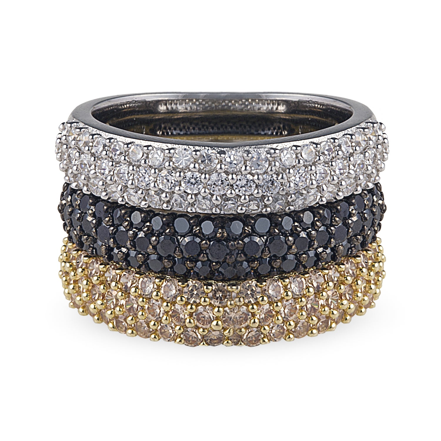 The Alpha Diva Ring is a set of 3 x 925 sterling silver rings with yellow gold and black gold plating. It has clear cubic zirconia stones, black cubic zirconia stones and champagne cubic zirconia stones in a lustrous pavé setting. Shop rings and luxury jewellery at affordable prices by Bellagio & Co. Designed in Australia. Worldwide Shipping.