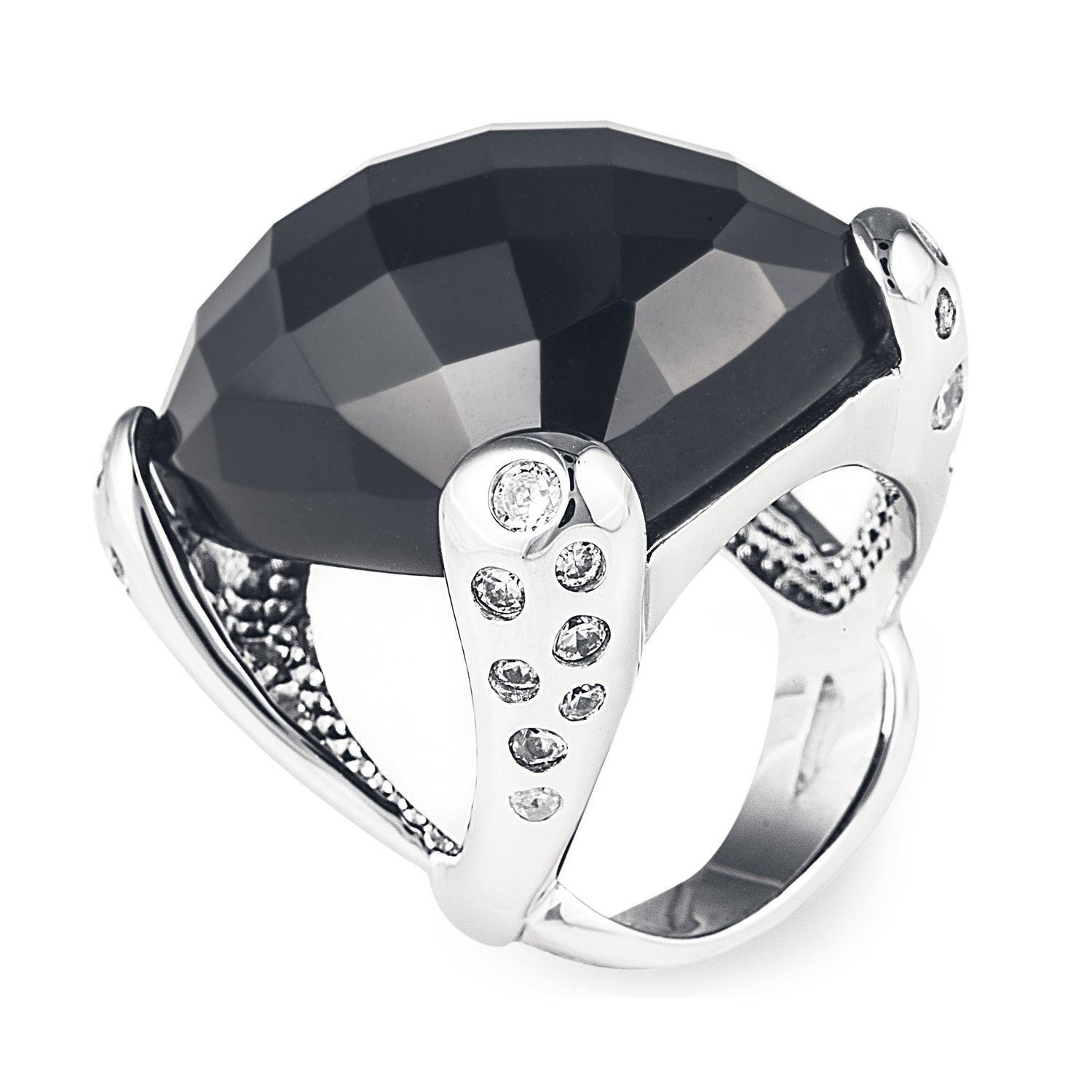 The Beyonce Ring is an attention-stealing facet-cut Black Onyx nugget held by 925 sterling silver claws which contain randomly placed cubic zirconia stones. This beauty is a real show-stopper. Worldwide Shipping. Jewellery by Bellagio & Co.
