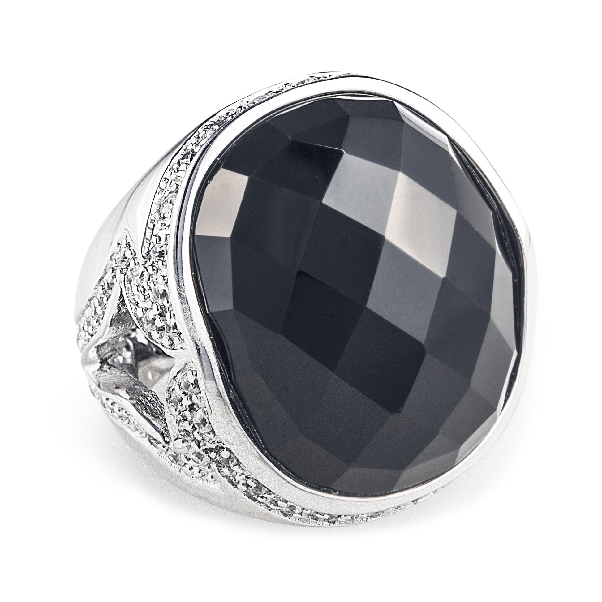 The Black Night Lopez Ring is an elegant 925 sterling silver ring featuring a beautiful side pattern encrusted with cubic zirconia stones that hold in place a stunning facet cut black onyx that grabs lots of attention. Worldwide Shipping. Free shipping for orders over $150.00 within Australia.