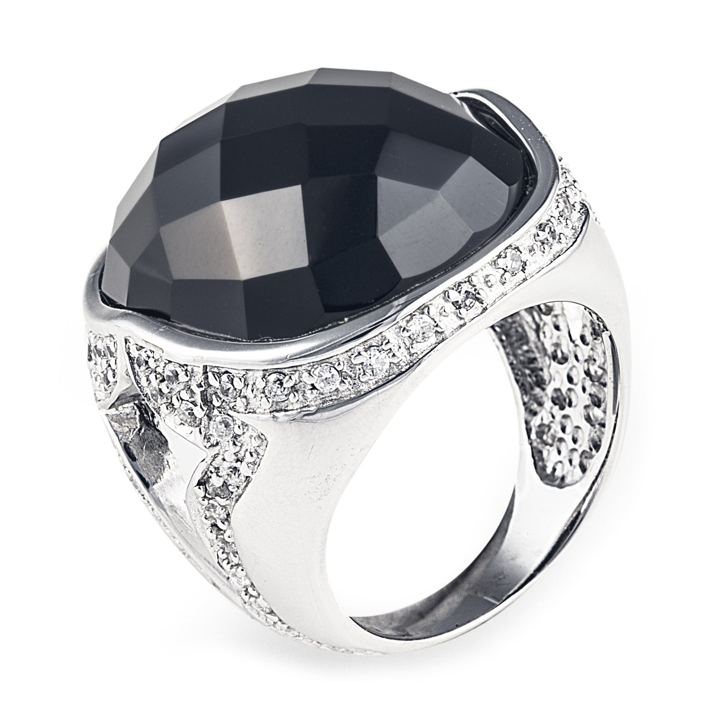 The Black Night Lopez Ring is an elegant 925 sterling silver ring featuring a beautiful side pattern encrusted with cubic zirconia stones that hold in place a stunning facet cut black onyx that grabs lots of attention. Worldwide Shipping. Free shipping for orders over $150.00 within Australia.
