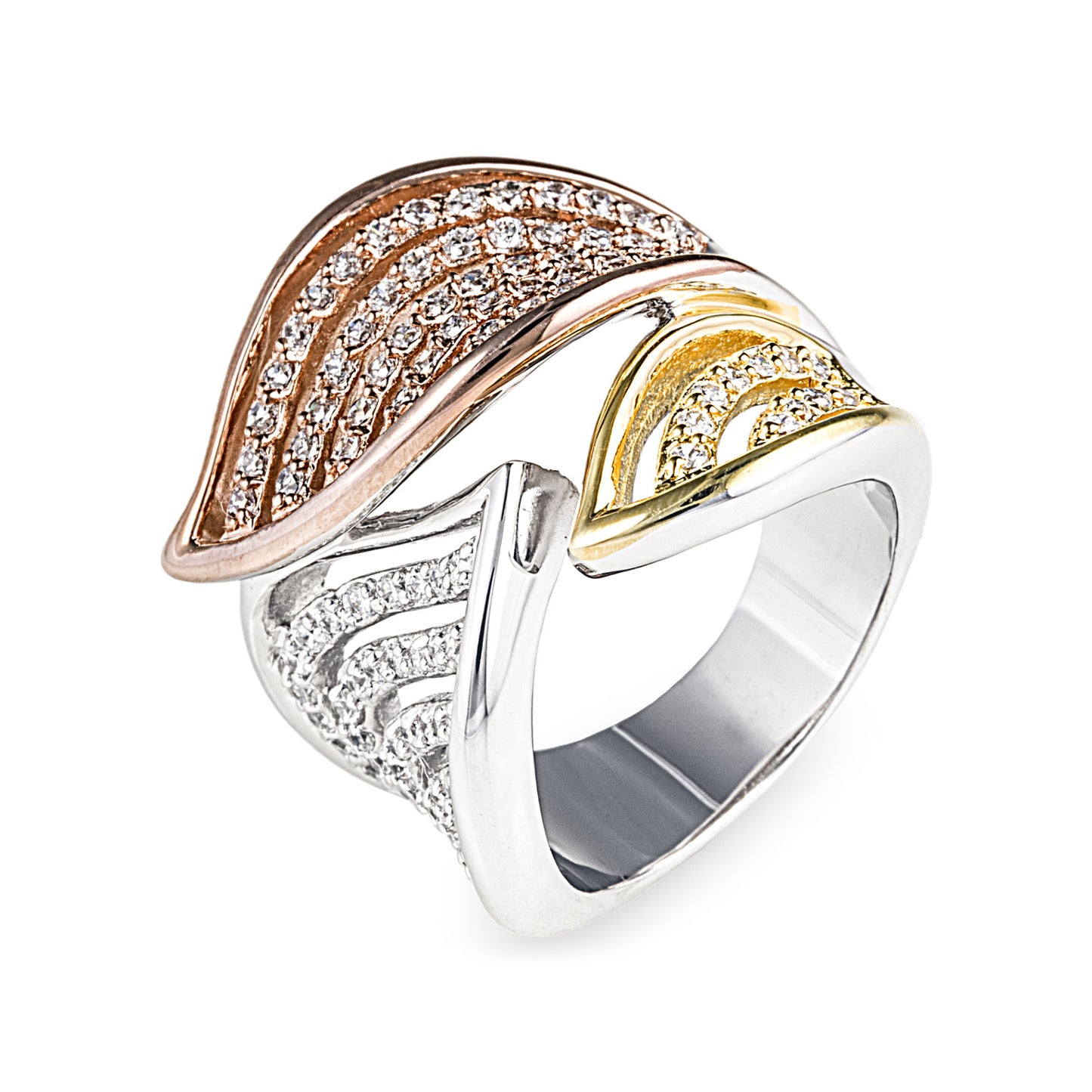 The Lake Como Ring is made of 925 Sterling Silver and features a rose gold and yellow gold leaf design which wraps around your finger. Encrusted with numerous tiny cubic zirconia stones to create a rich, glamorous and exotic look. Shop rings & affordable luxury jewellery by Bellagio & Co. Worldwide shipping