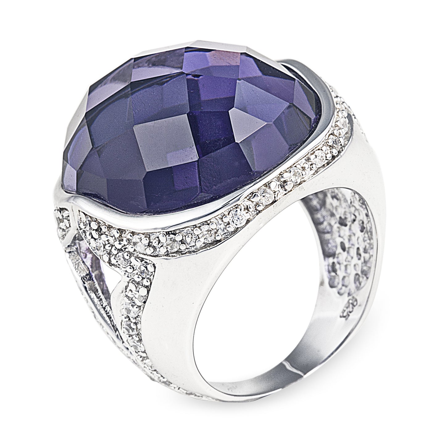The Lavender Lopez Ring is an elegant 925 sterling silver ring featuring a beautiful side pattern encrusted with cubic zirconia stones that hold in place a stunning facet cut purple obsidian that grabs lots of attention. Matching earrings are available. Worldwide Shipping. Free shipping for orders $150+ in Australia.
