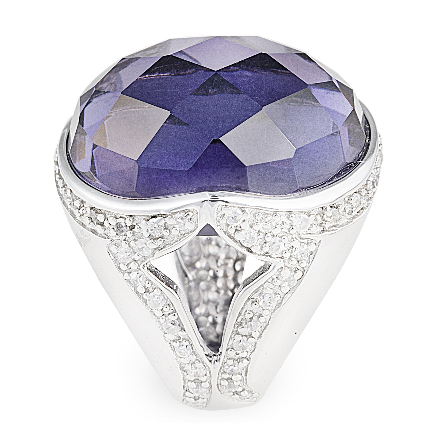 The Lavender Lopez Ring is an elegant 925 sterling silver ring featuring a beautiful side pattern encrusted with cubic zirconia stones that hold in place a stunning facet cut purple obsidian that grabs lots of attention. Matching earrings are available. Worldwide Shipping. Free shipping for orders $150+ in Australia.