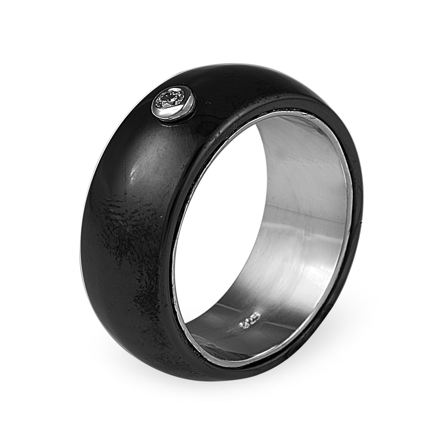 Midnight Roc Ring with real diamond and high polished black ceramic overlayed on 925 Sterling Silver. Shop rings & affordable luxury jewellery by Bellagio & Co. Worldwide shipping.