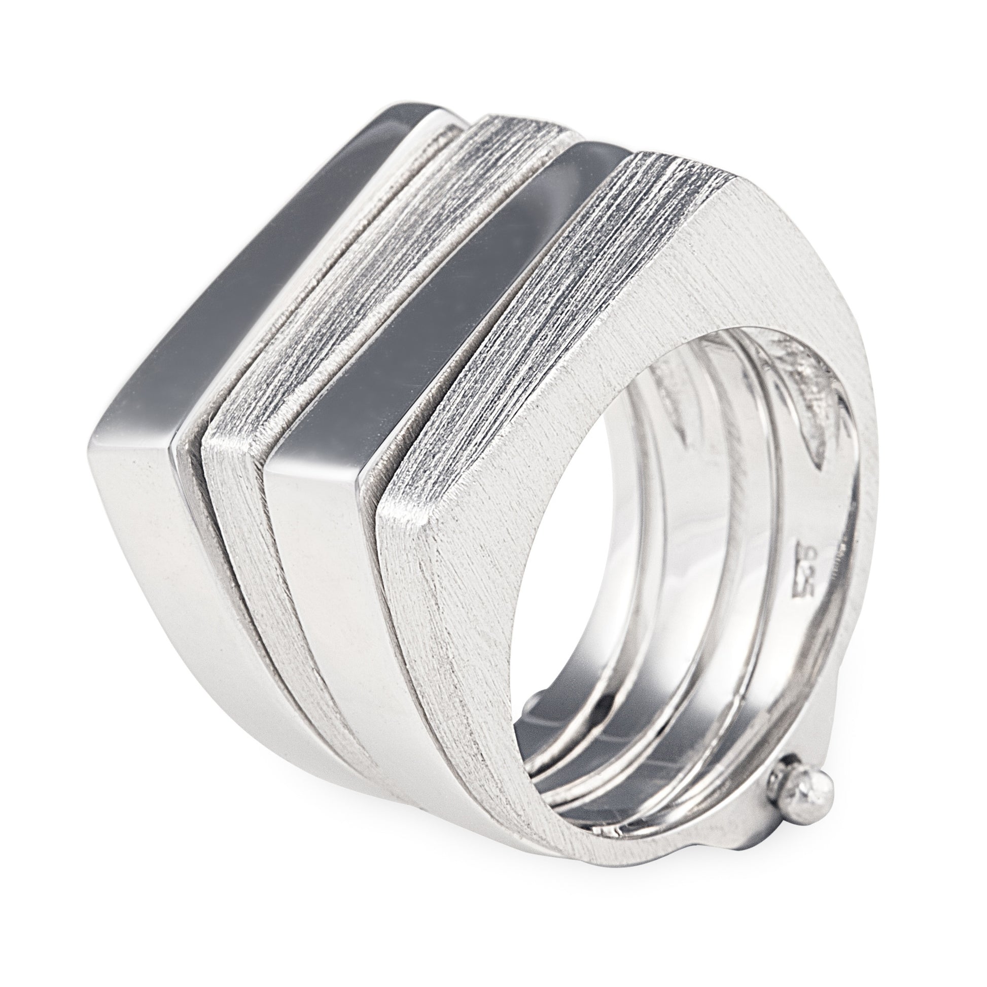Joined stack of 925 Sterling Silver rings. Two rings are polished and two are brushed to give texture and contrast. Worldwide shipping.