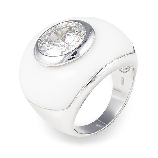 The Bianca Ring is a stunning white ceramic overlay on a 925 sterling silver tapered ring, which holds a 3-carat 'set in' centre cubic zirconia stone. Shop rings & affordable luxury jewellery by Bellagio & Co. Worldwide shipping.
