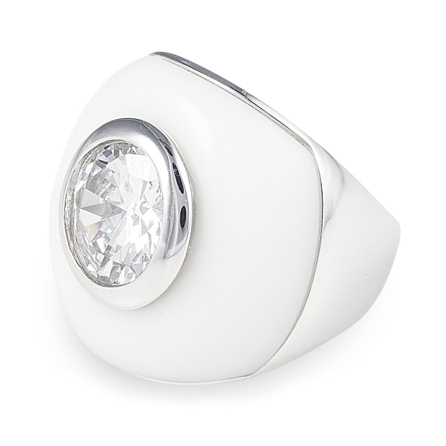 The Bianca Ring is a stunning white ceramic overlay on a 925 sterling silver tapered ring, which holds a 3-carat 'set in' centre cubic zirconia stone. Shop rings & affordable luxury jewellery by Bellagio & Co. Worldwide shipping.