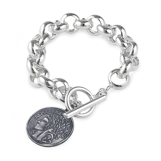 Romana Bracelet with Coin Charm in 925 Sterling Silver with Toggle Clasp. Belcher Style Bracelet. Worldwide Shipping from Australia. Affordable luxury jewellery by Bellagio & Co.